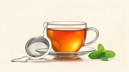 Glass teacup with tea strainer and mint