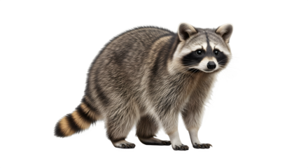 A detailed studio shot of a raccoon standing on a white background.
