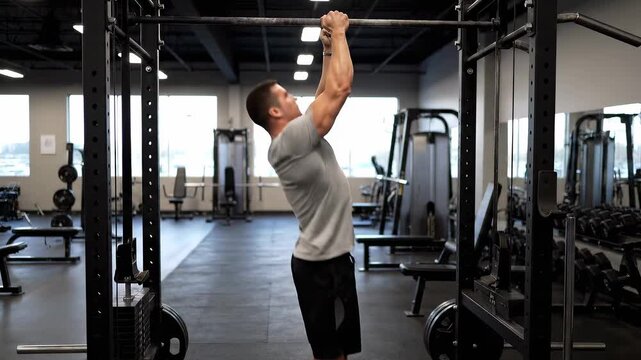 Man performing pull ups in a gym setting.