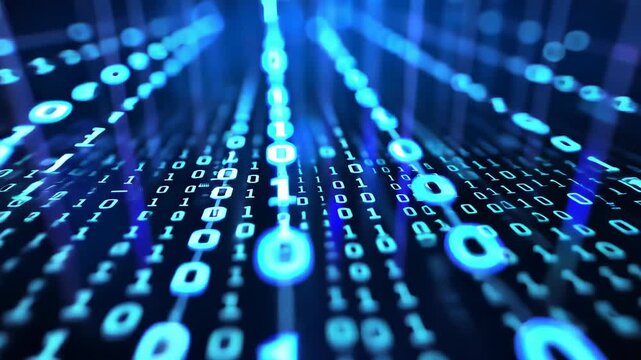 Digital Stream: Dynamic visualization of binary code streams, representing modern technology and the flow of information in the digital realm, with a deep blue glow.