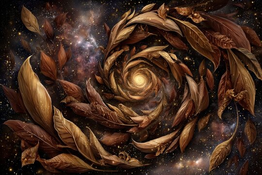 Golden Brown Leaves Spiral In Space