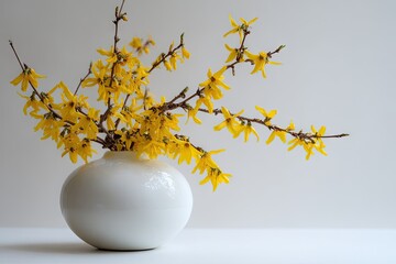 Yellow forsythia flowers in a simple white vase.
