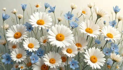 Fototapeta premium Field full of blooming daisies, small blue flowers. White petals with yellow centers. Delicate floral pattern, nature botanical design for spring decoration. Soft, warm, cheerful, feminine, elegant,