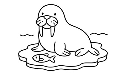 Obraz premium Cute walrus on ice floe with fish in simple line art style