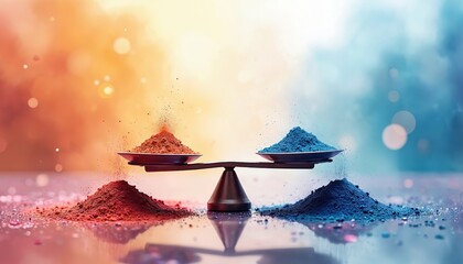 Watercolor illustration shows scales with uneven piles of blue, red powder. Represents gender pay gap, economic inequality, workplace injustice. Disparity, bias, imbalance in salary, opportunity.