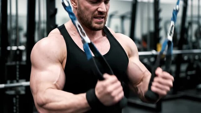Man training chest muscles with cable crossover machine in gym.