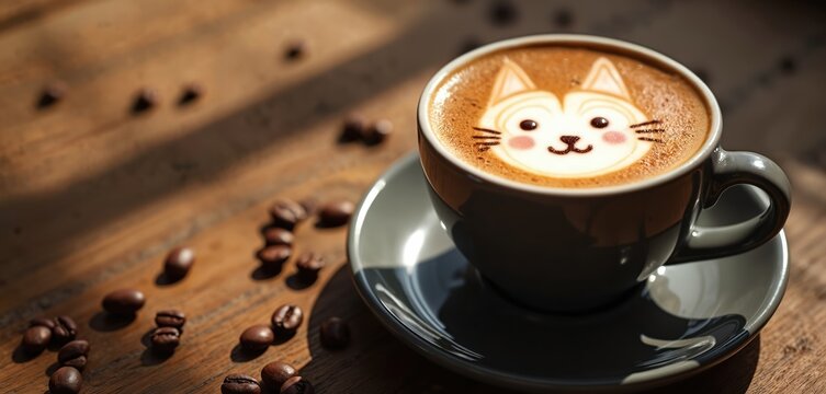 Close-up cappuccino with cute cat latte art sits on rustic wooden table. Scattered coffee beans, warm sunlight enhance cozy morning atmosphere. Creamy beverage offers delicious comfort for cafe