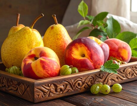 Fresh fruits on a wooden tray