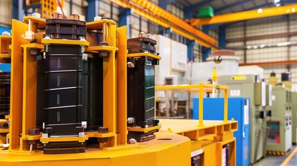 High current transformer with a robust metallic steel body, primary and secondary windings, installed in a power substation or industrial facility to step down high electrical current, equipped with t
