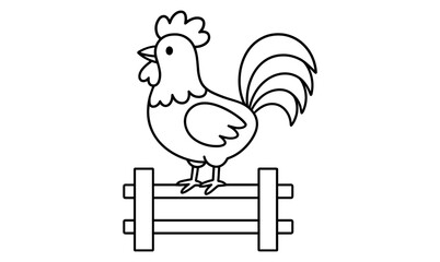 Cartoon rooster on fence outline for coloring pages and farm-themed designs