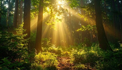Naklejka premium Sunlight Streaming Through Forest Trees Casting Rays of Light on Green Foliage