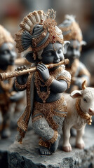 Obraz premium Divine radiant black stone statue of Lord Krishna surrounded by cowherd friends, golden glow