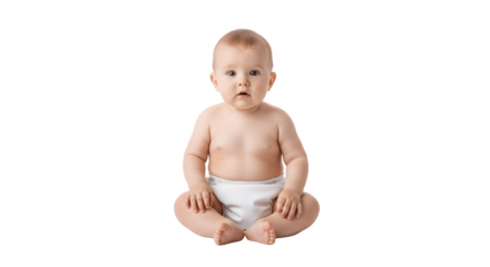 Adorable baby sitting cross legged looking directly at the camera with a curious expression.