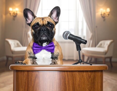 Dog in bowtie speaking at podium