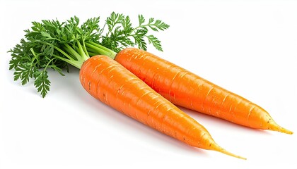Two Fresh Raw Orange Carrots with Green Tops on White Background Detailed Close Up of Freshly Harvested Root Vegetables Healthy Food and Natural Bright Lighting