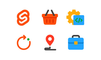 Colorful flat design icons for shopping, navigation, and development