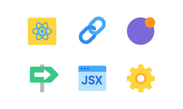 Flat design technology icons featuring react, linking, and jsx themes