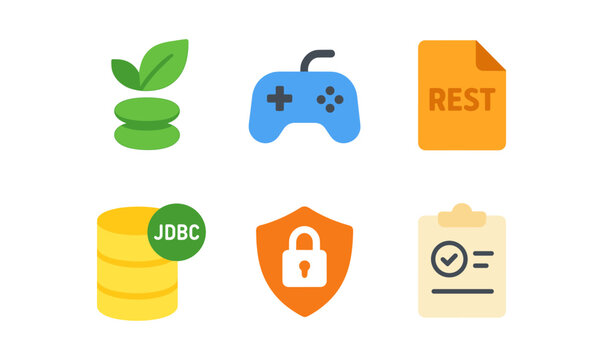 Flat design of technology and security icons with nature and gaming elements