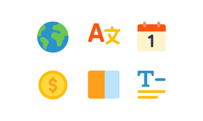 Colorful set of flat modern icons for global language, calendar, currency, and text tools