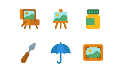 Art tools set: easel, canvas, paint jar, and palette knife icons