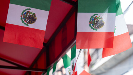 A red, white, and green flag with a black eagle on it. The flag is hanging from a red canopy. Decoration to celebrate Independence Day in Mexico, zocalo