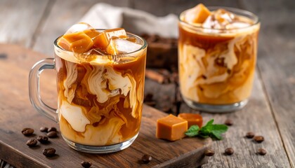 Caramel iced coffee in mugs