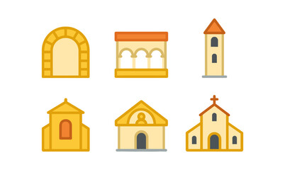Set of flat medieval architecture icons featuring churches and towers