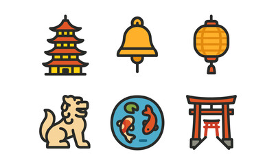 Colorful linear icons of asian culture: pagoda, lantern, fish, and lion