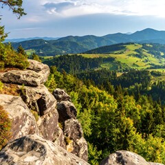 Panoramic mountain view from rocky outcrop