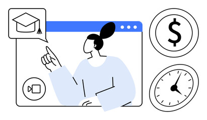 Fototapeta na wymiar Woman pointing to graduation cap icon within video call interface. Nearby dollar symbol and clock convey cost and time aspects. Ideal for e-learning, education, time management, budgeting