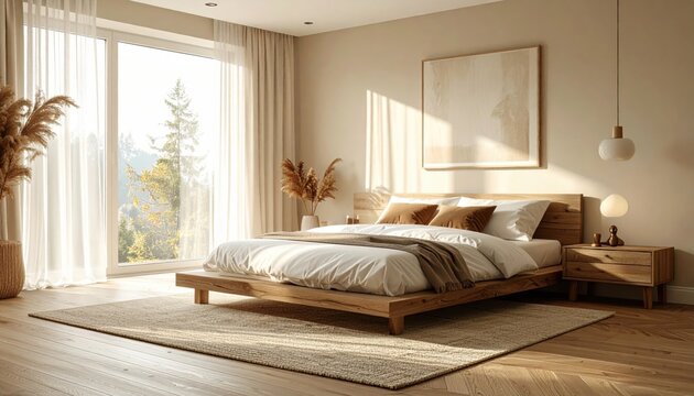 Fototapeta A cozy minimalist modern bedroom interior, Scandinavian style, natural wood furniture