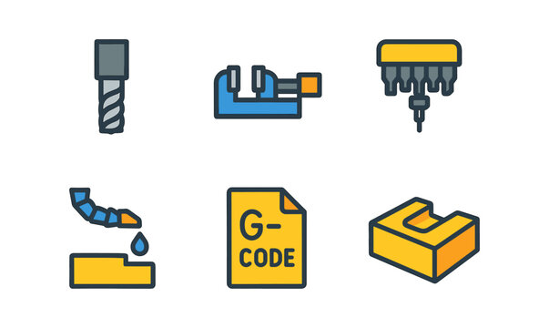 Colorful linear icons of cnc machining tools and components for industrial use
