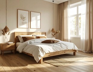 A cozy minimalist modern bedroom interior, Scandinavian style, natural wood furniture