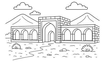 Outline illustration of desert caravanserai with mountains and clouds for travel poster or educational material