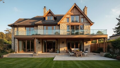 Substantial stone house features modern extension, large windows, glass balcony. Offers detached residential property with detached garage, paved patio, lawn. Ideal family home, luxury estate for