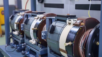 High current transformer with a robust metallic steel body, primary and secondary windings, installed in a power substation or industrial facility to step down high electrical current, equipped with t