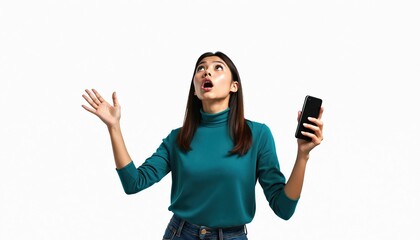 Young Asian woman with shocked expression holds smartphone, looking up. Female gestures with hands on white background. Image conveys amazement, surprise, website browsing, app usage, cyberspace