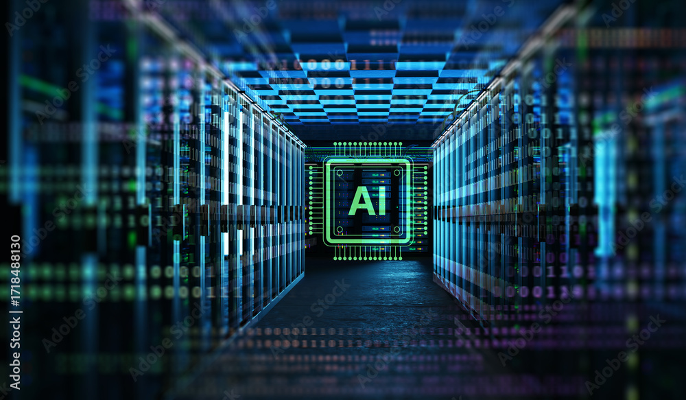 Wall mural ai infrastructure. servers in data center. equipment for artificial intelligence. ai logo near compu