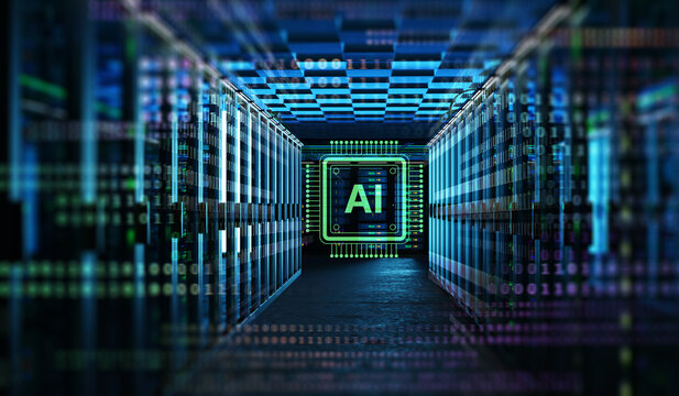 AI infrastructure. Servers in data center. Equipment for artificial intelligence. AI logo near computer equipment. Infrastructure for neural networks concept. AI technologies. 3d image