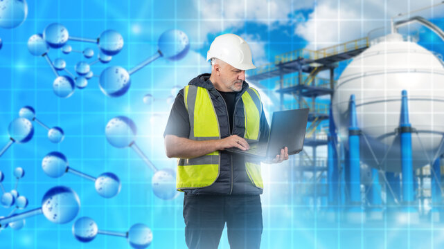 Hydrogen industry. Man engineer fuel power plant. Hydrogen molecules near contractor factory. Engineer makes career in engineering industrial. Man with laptop controls hydrogen station - Powered by Adobe