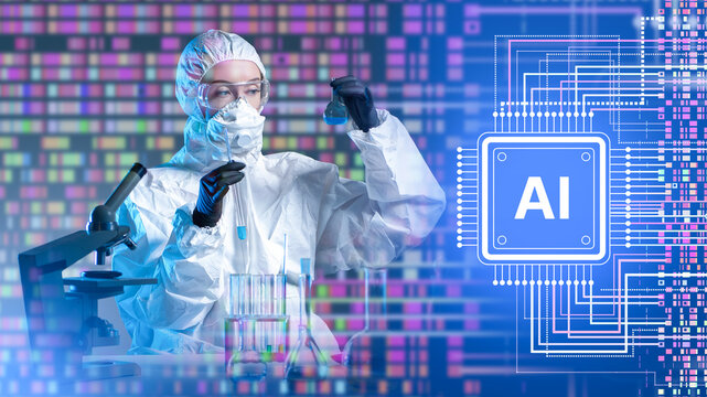 Woman biologist using AI. Artificial intelligence in chemical research. Chemist in protective suit. AI logo near scientist with microscope. Modern scientific technologies. Chemical analysis with AI - Powered by Adobe