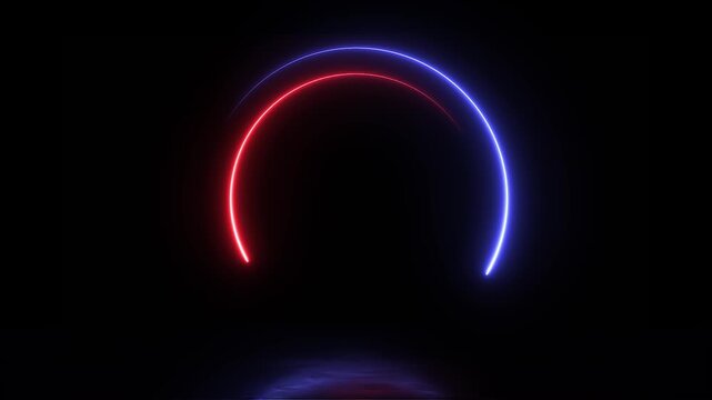 glowing neon red and blue dual circle frame neon light on reflective floor