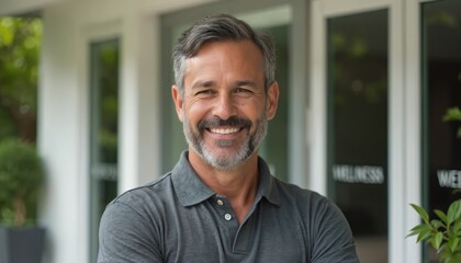Fototapeta premium Mature Hispanic man, wellness center owner, smiles confidently outside business. Wears grey polo shirt, exuding professionalism, approachability. Portrait captures entrepreneurship, healthy lifestyle.