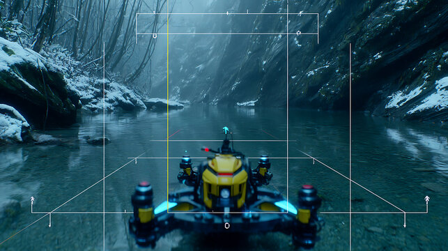 A futuristic yellow vehicle navigates a narrow, snow-lined river in a misty forest, viewed through a digital targeting interface.