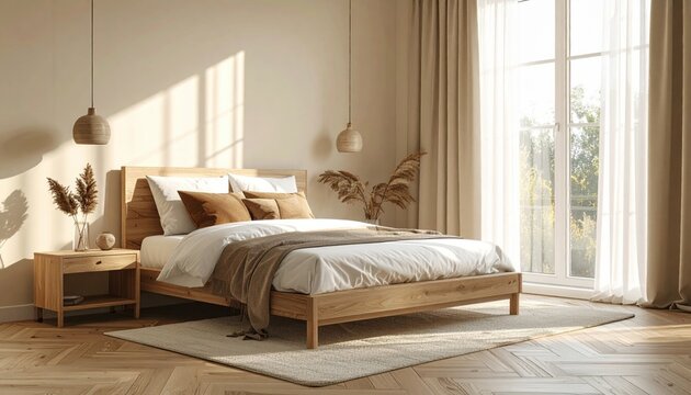 Fototapeta A cozy minimalist modern bedroom interior, Scandinavian style, natural wood furniture