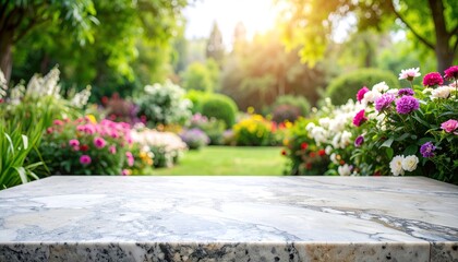 A light-filled garden scene with vibrant flowers and a smooth marble surface provides a peaceful and inviting backdrop.