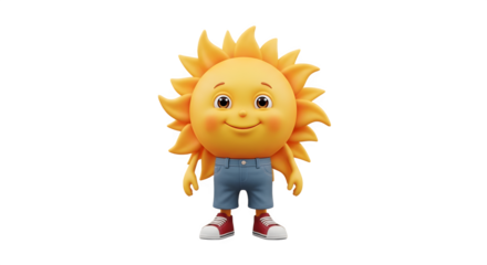 Cute smiling sun character mascot in shorts and sneakers.