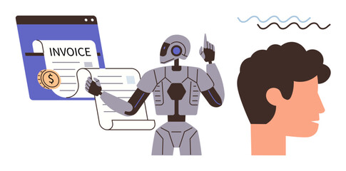 Robot managing invoice processing via digital system beside a human profile with brainstorming wave lines. Ideal for automation, AI, innovation, finance, collaboration, workflow, efficiency. Modern