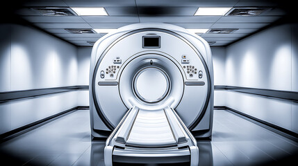 Modern MRI machine in a clean, sterile medical facility hallway