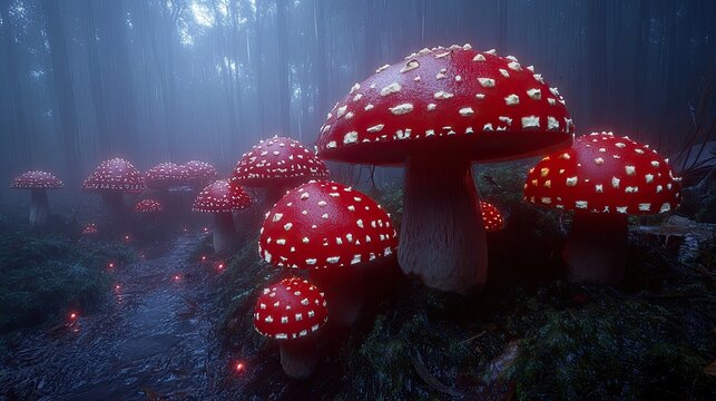 Mystical Mushroom Forest with Red Toadstools and Glowing Lights creating a Dreamy Scene